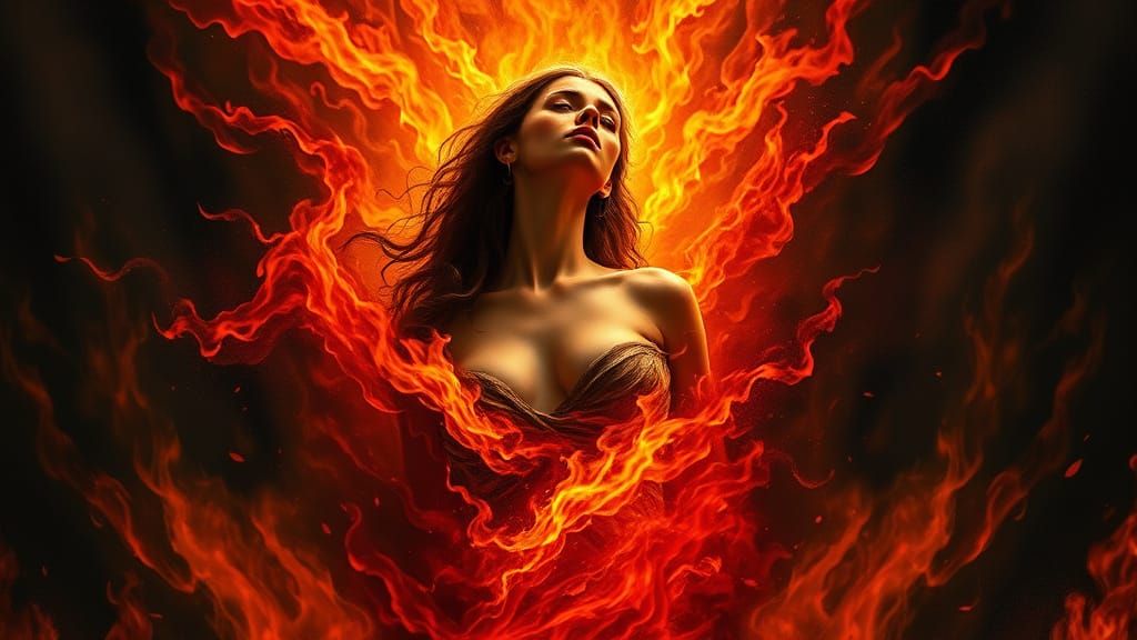 Solemn Woman in Ethereal Flames in Baroque Style