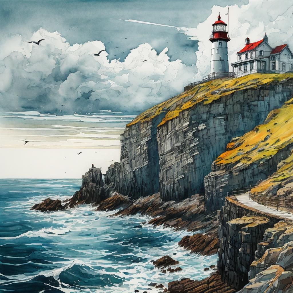 Lighthouse on Sea Cliff in Mixed Media Art