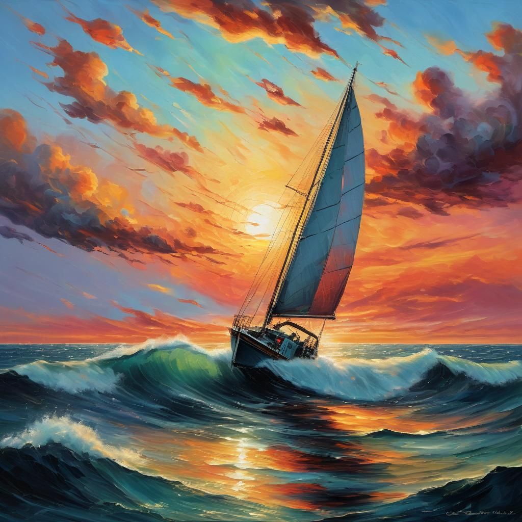 Surreal Sunset Sailboat Oil Painting