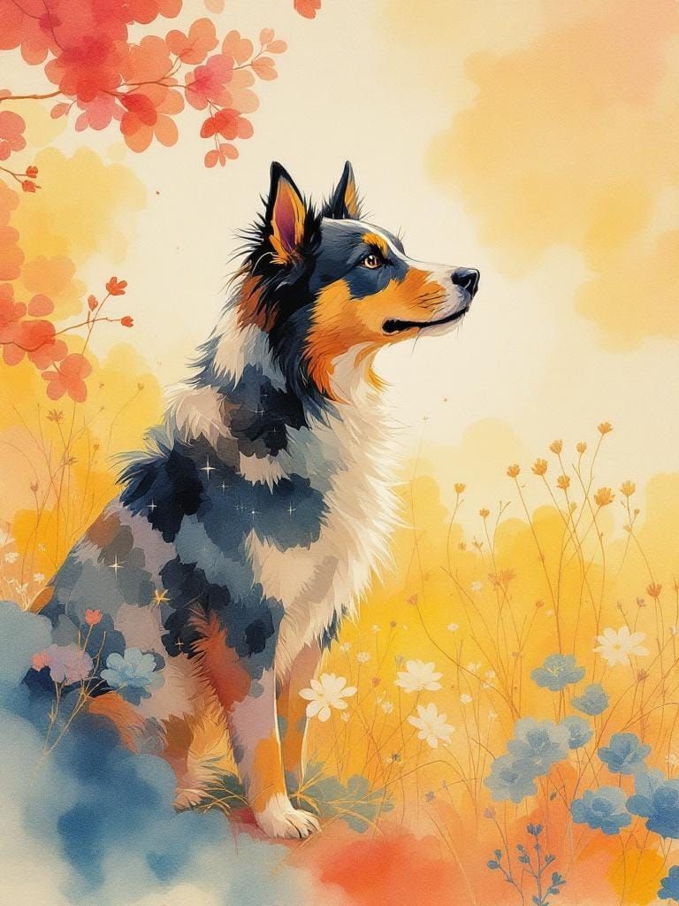 Dog in Autumn Grasses with Falling Petals