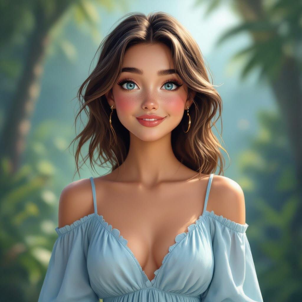 Happy Young Woman with Freckles in Blue Dress