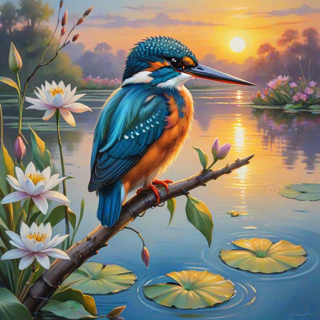Kingfisher Perched Over Lake: Vibrant Oil Painting