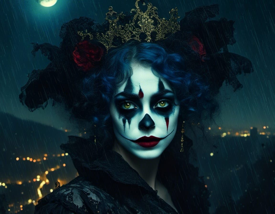 Sad Clown Woman Overlooking City, Victorian Aesthetic