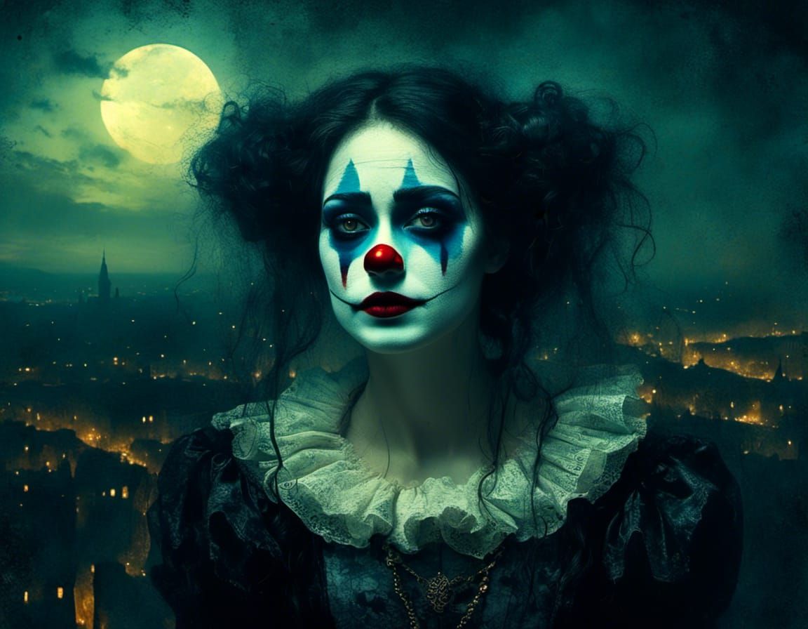 Sad Clown Woman Overlooking City at Night
