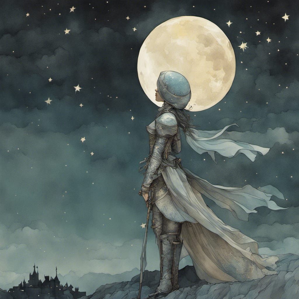 Lady Knight Gazing at Moonlit Stars, Watercolour Art