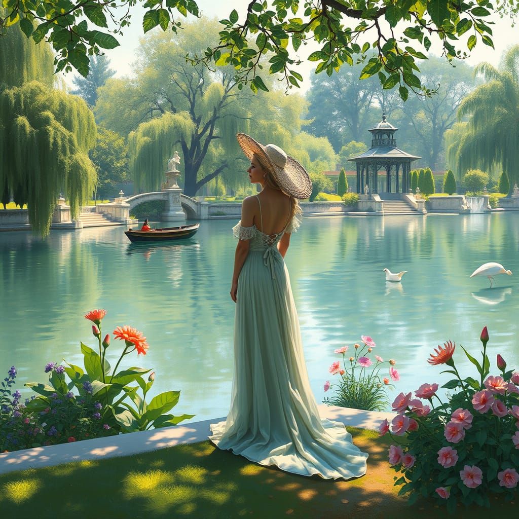 Woman in Victorian-Era Park, Impressionist Style