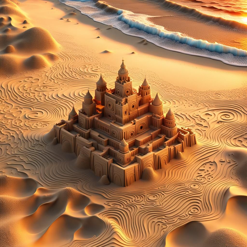 Sandcastle with Abstract Fractal Waves at Sunset