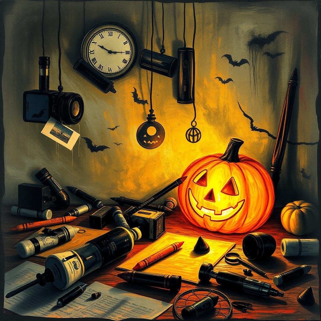 Surreal Halloween Scene in Childlike Crayon Style