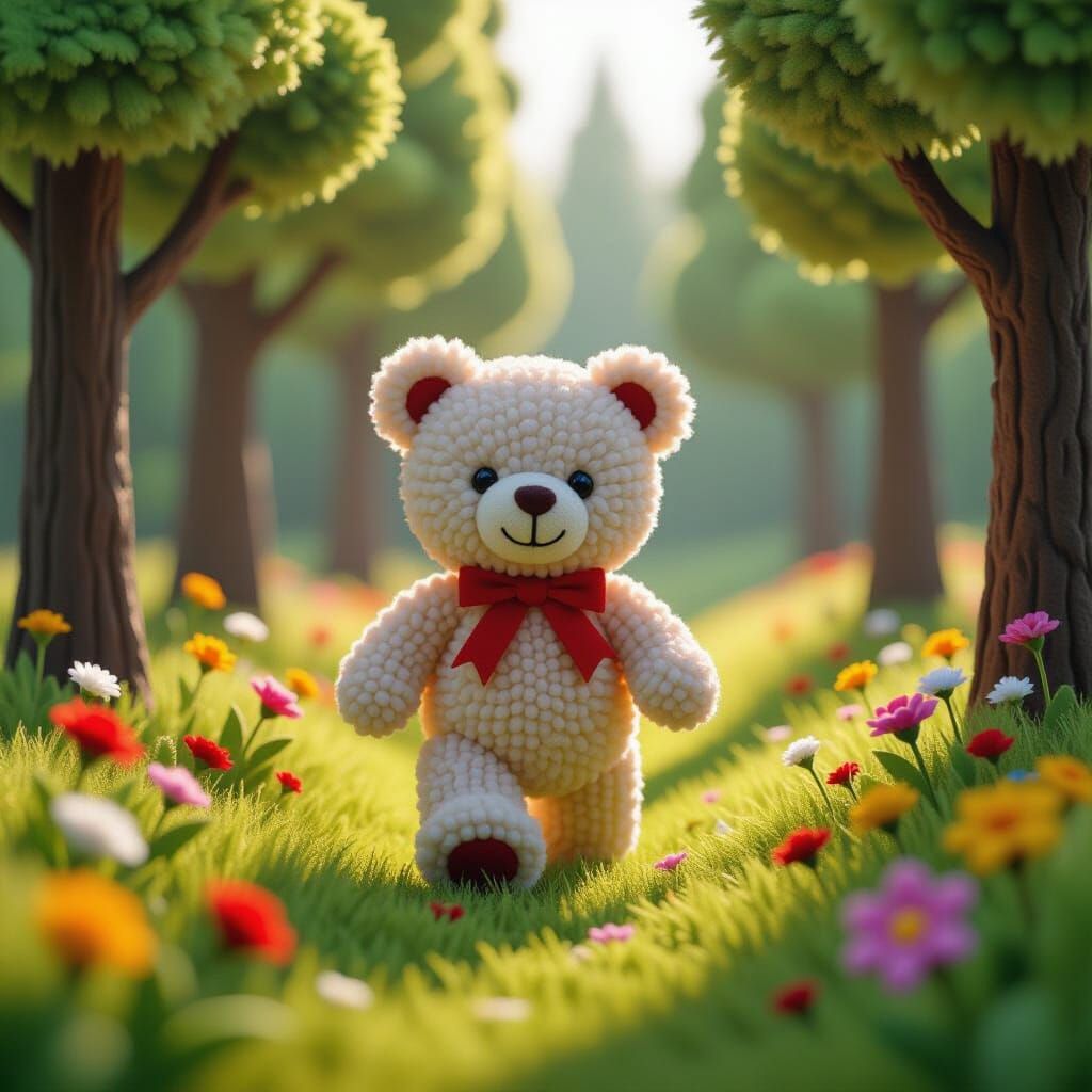 Pom Pom Bear Walks Through Woolly Forest