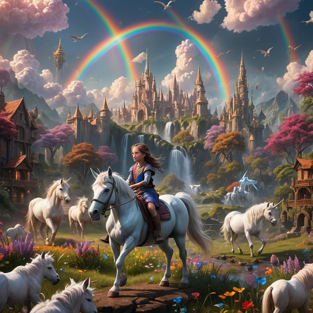 Girl's Rainbow Ride to Unicorn Heaven: Fantasy Art