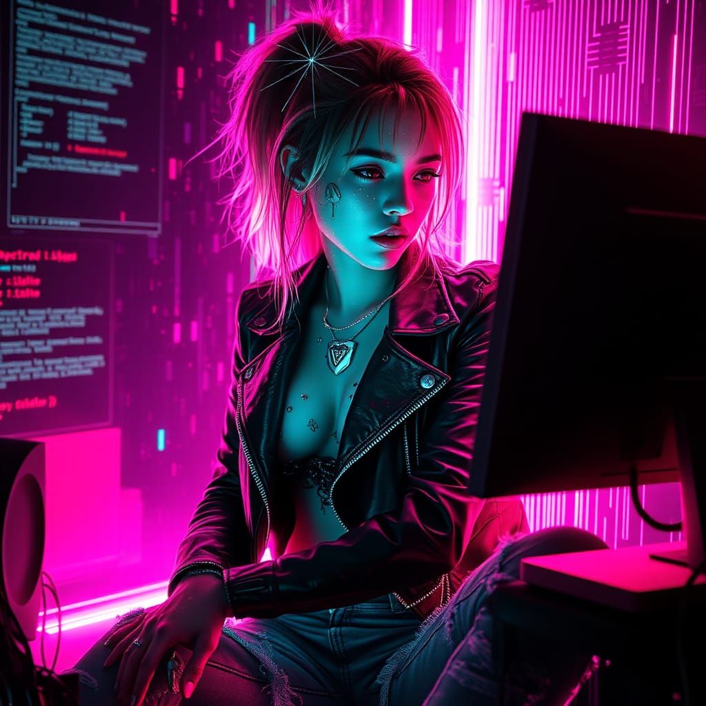 Cyberpunk Girl Dissolving into Digital Realm