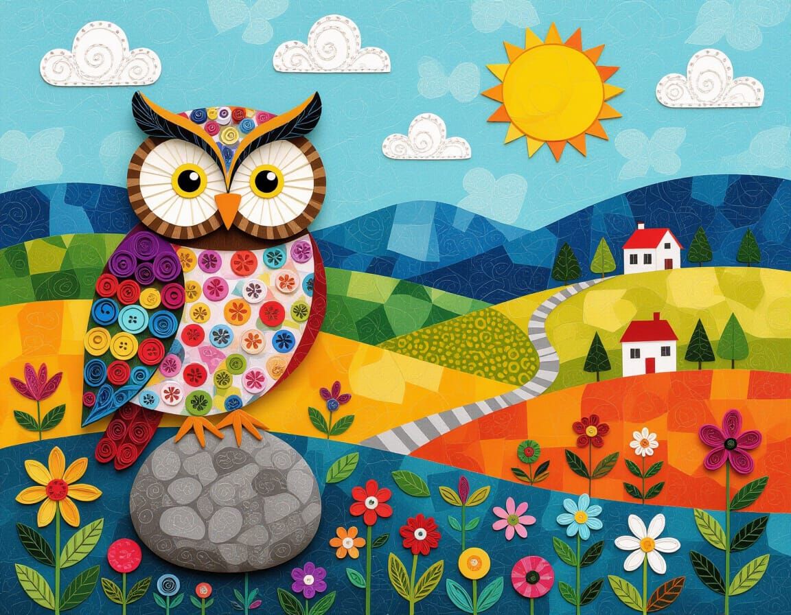 Colorful Folk Art Owl on Stump Landscape