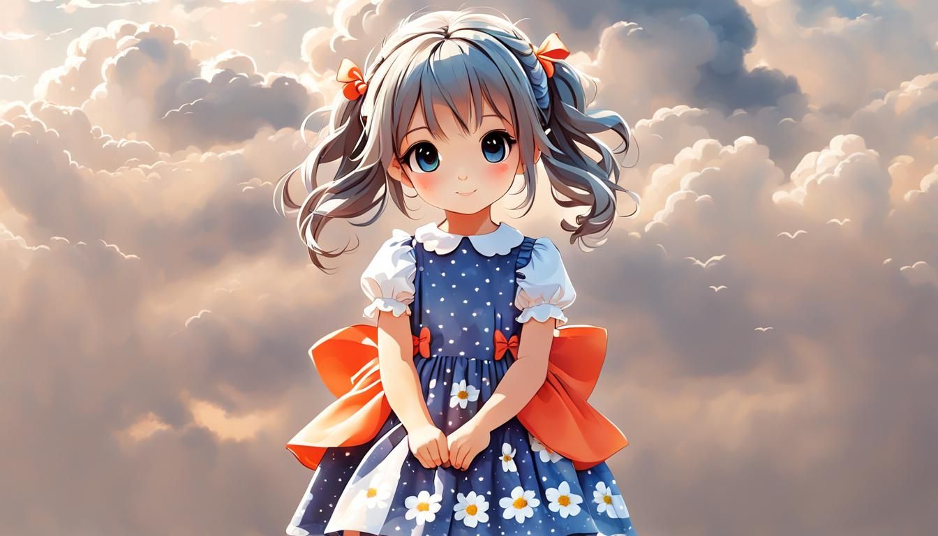 Cute Girl in Summer Dress Under Stratocumulus Clouds
