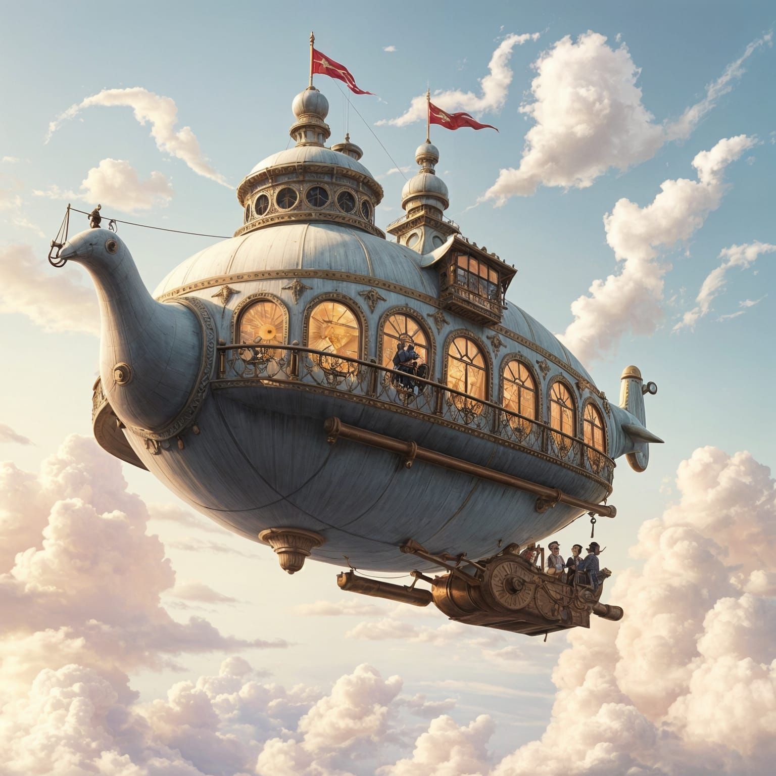 Whimsical Steampunk Airship Sails Through Pastel Skies
