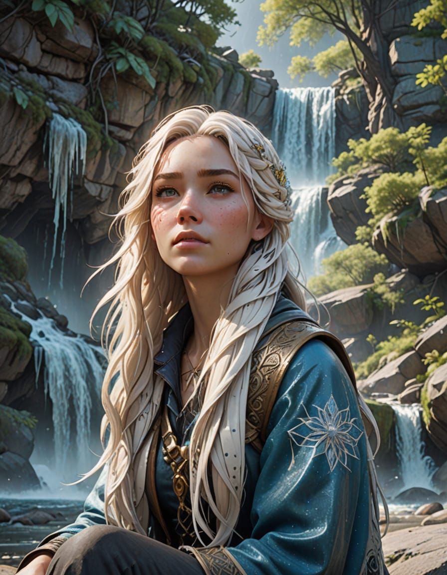 Girl in Vibrant Post-Apocalyptic Attire, Frozen in Contempla...