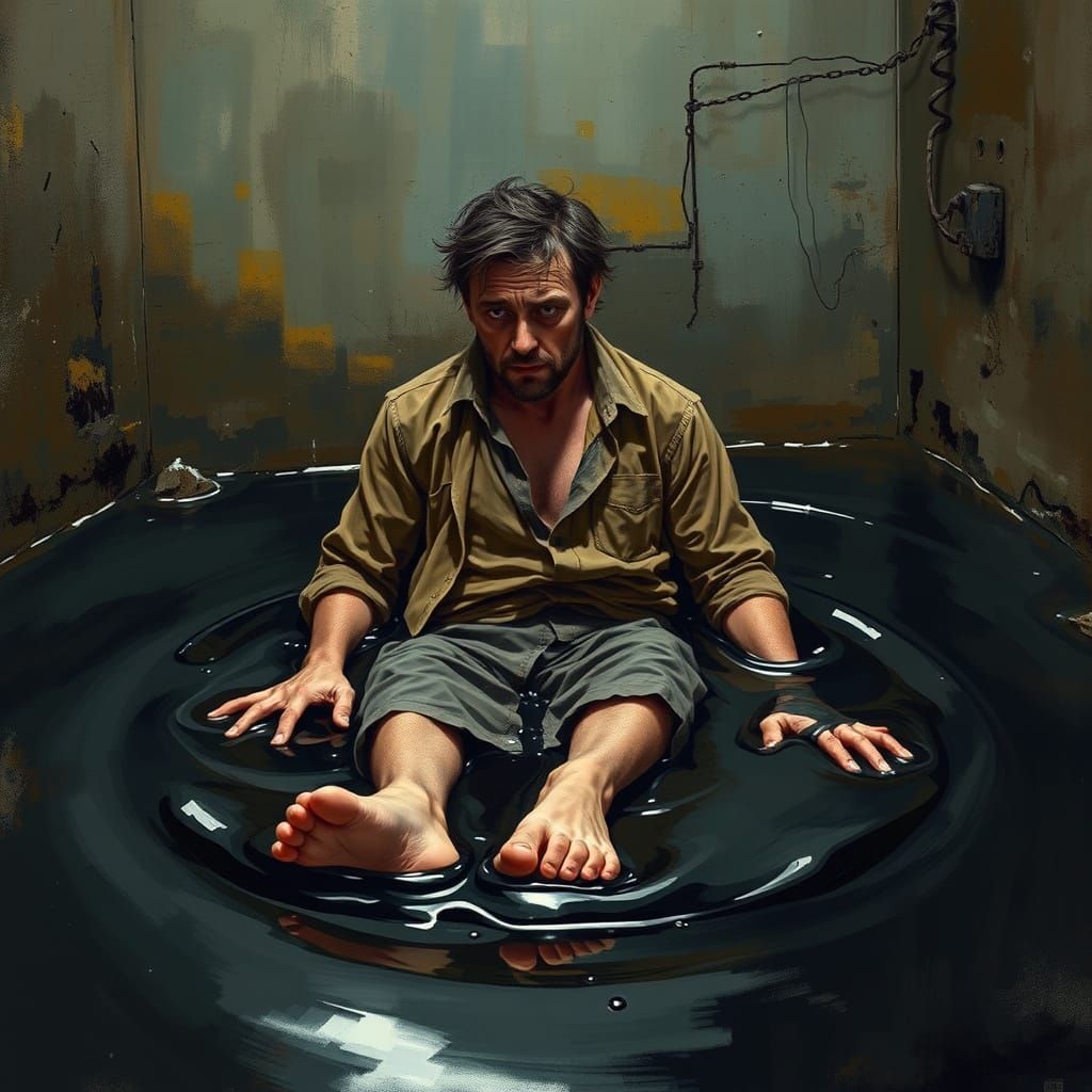 Distressed Man Stuck in Thick Black Adhesive