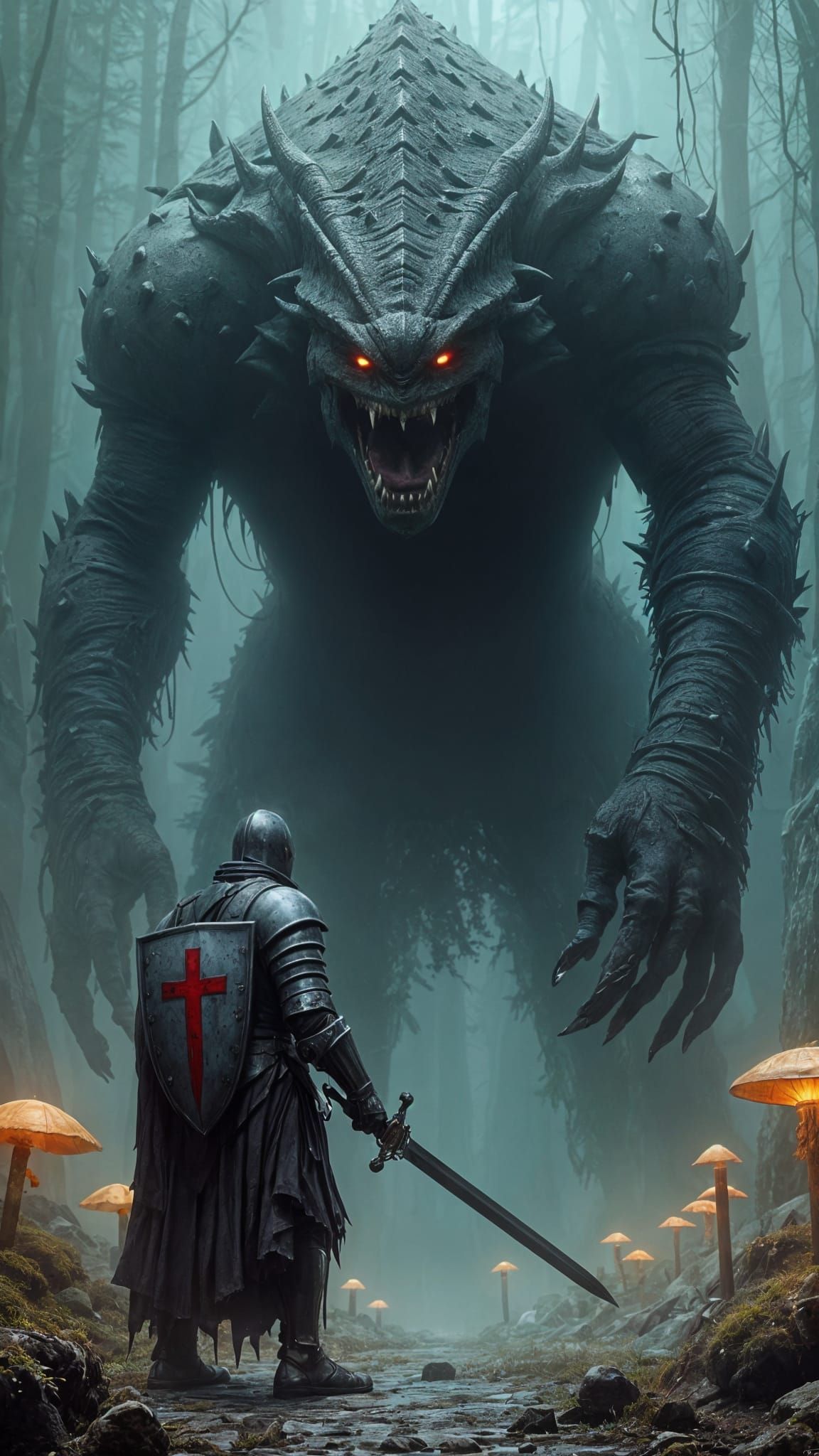 Medieval Knight Battles Fearsome Beast in Dark, Moody Landsc...