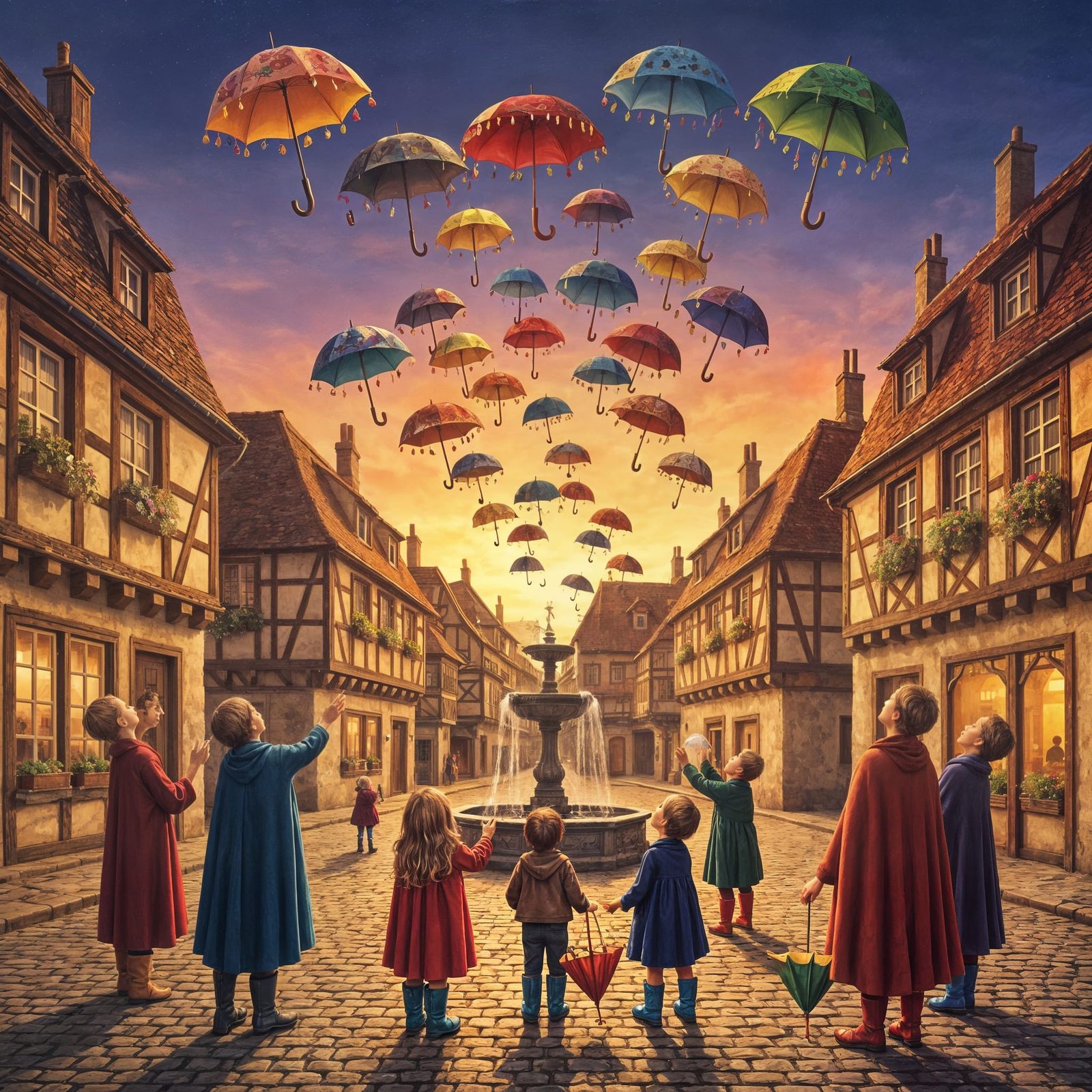 Whimsical Folk Art Painting of Umbrella Day Celebration