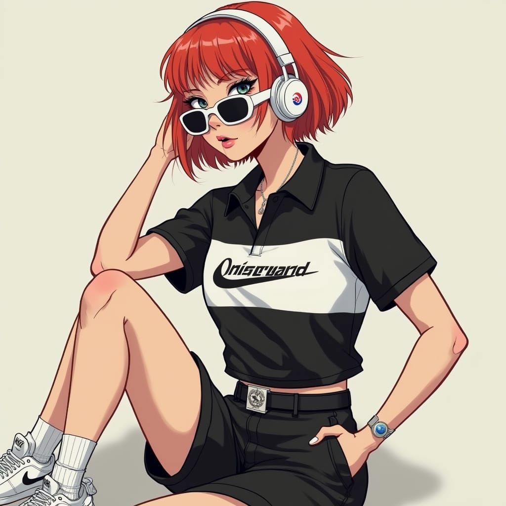 Edgy Futuristic Woman in Black and White Polo and Nike Sneak...