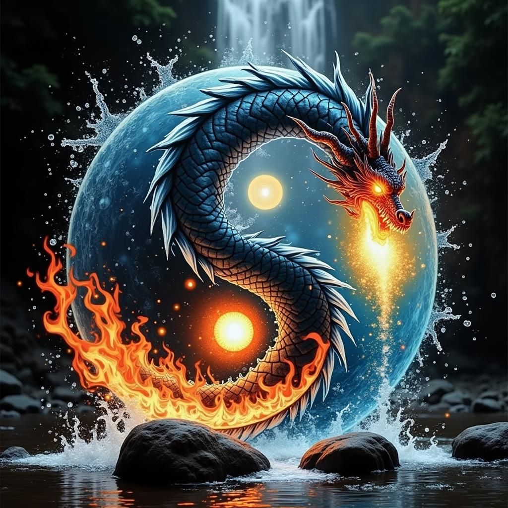 Fiery Dragon and Water Yin Yang Symbol