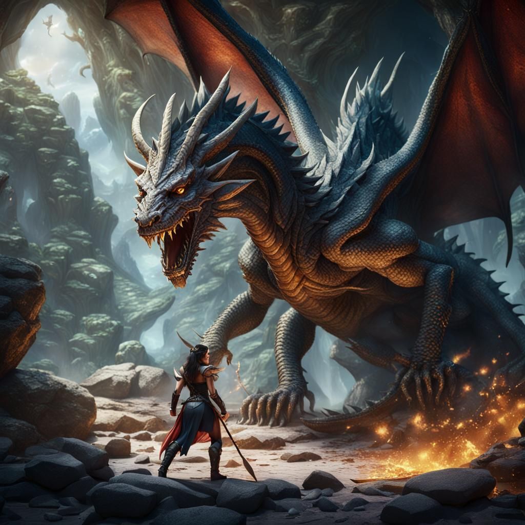 Warrior Queen Battles Dragon in Stone Cave