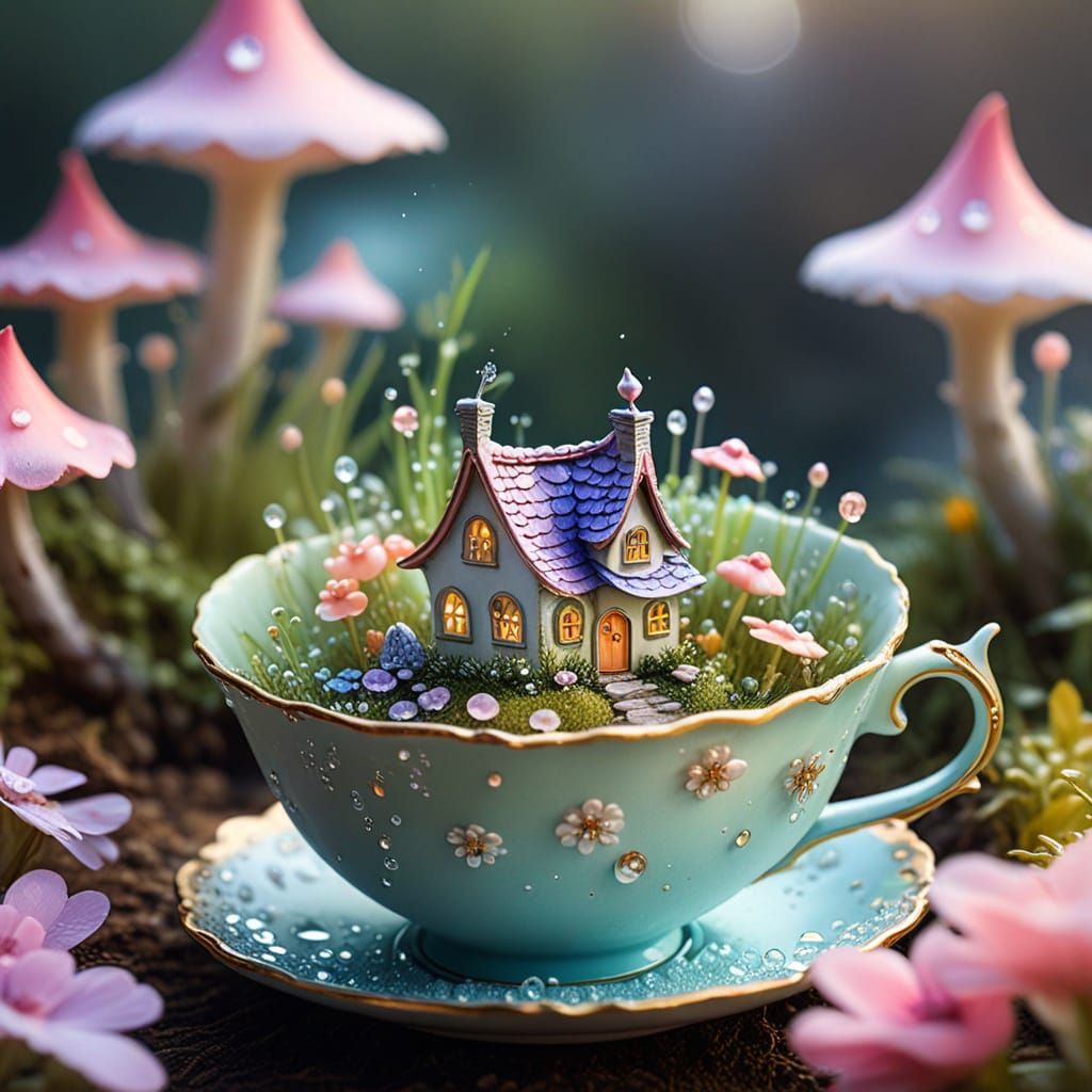 Enchanting Fairy Village in Teacup, Watercolor Style