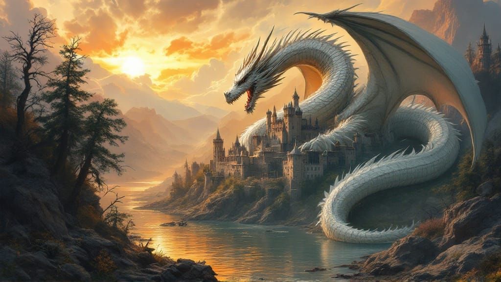 Medieval Castle Besieged by a White Dragon in Sunset
