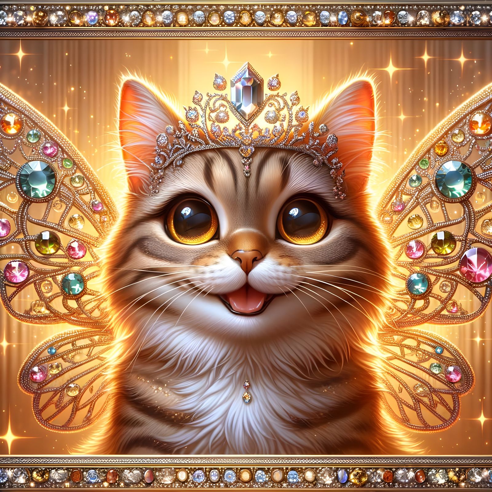 Glamorous Tabby Cat with Gemstone Tiara and Wings