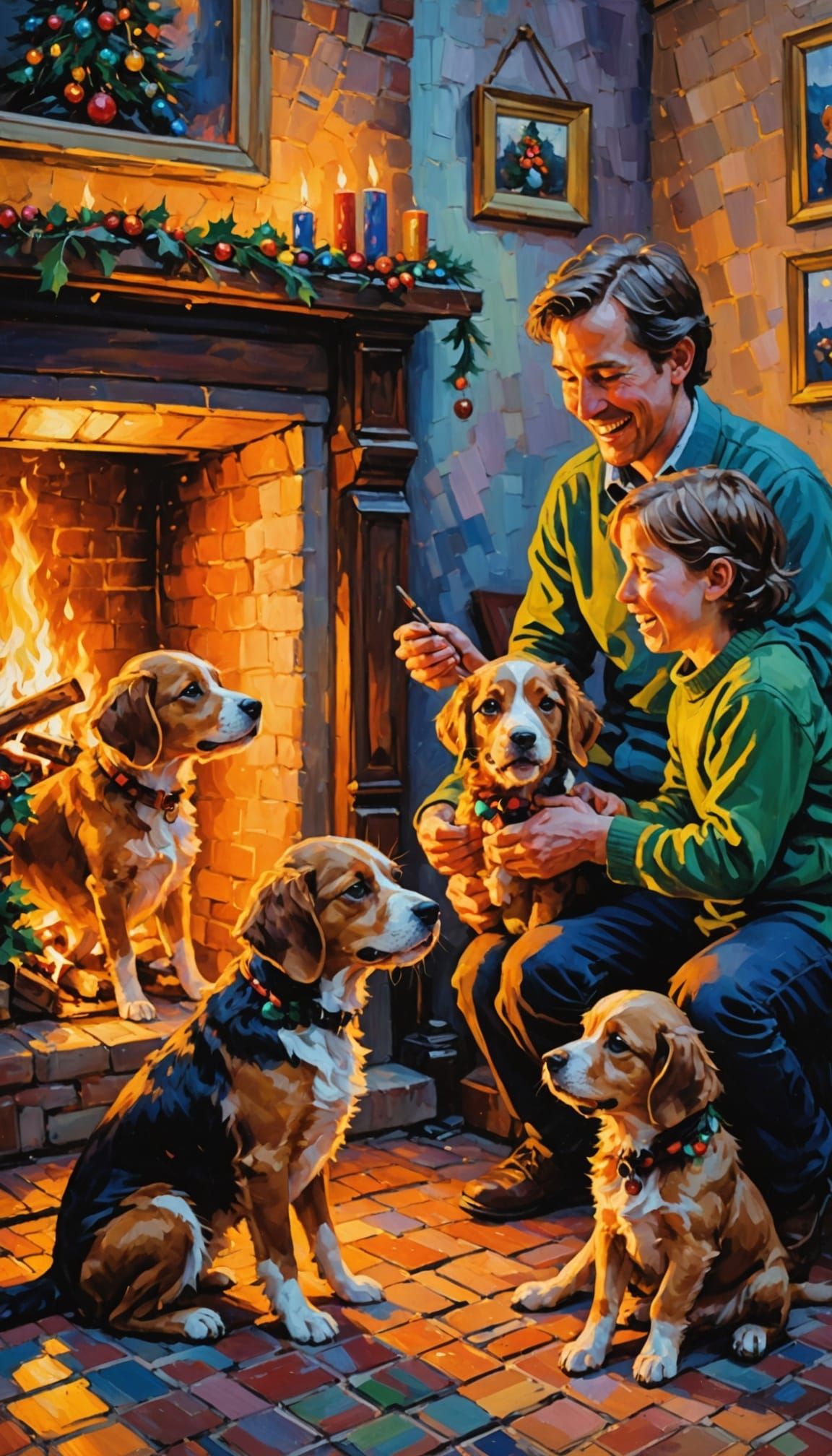 Christmas Eve Family Gathering by Fireplace Neo-Impressionis...