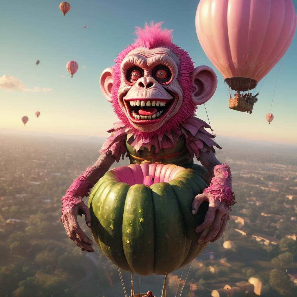 Zombie Monkey Clown Rides Cucumber Balloon: Surreal Illustra...