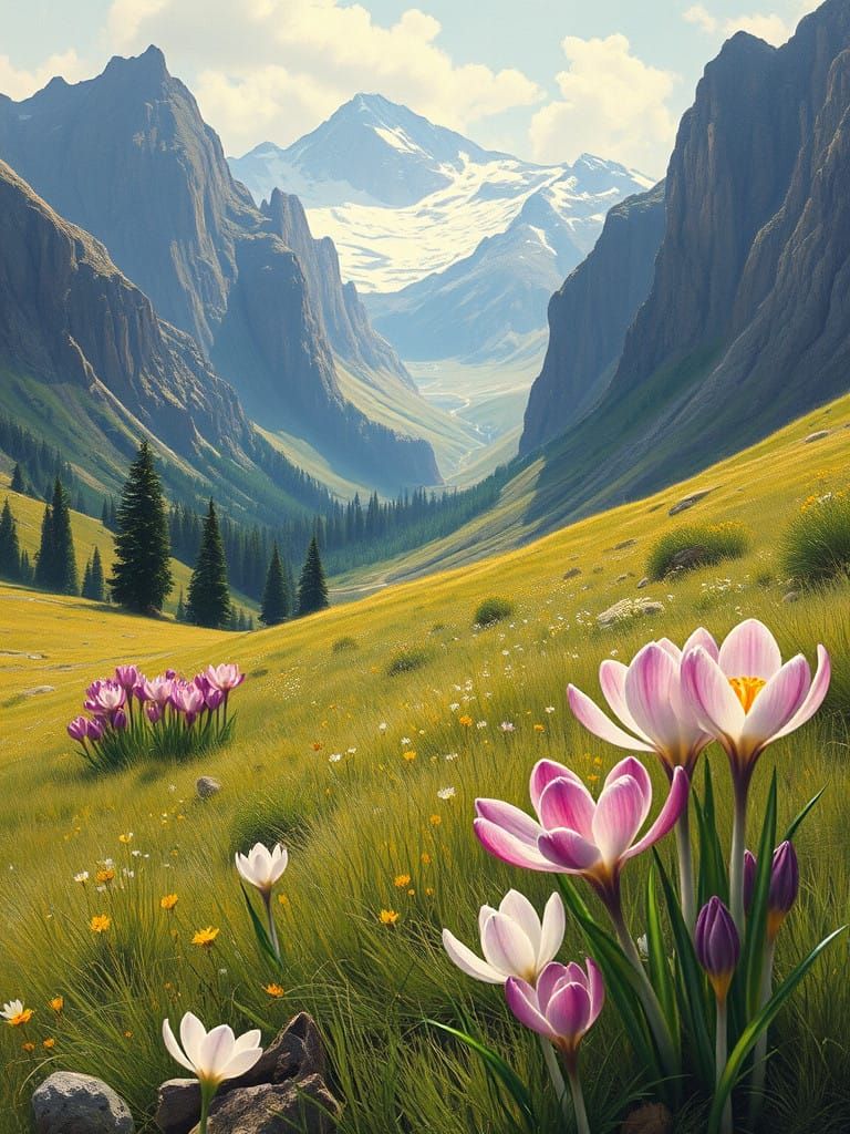 Snow-Kissed Crocus Blooms in a Serene Mountain Valley