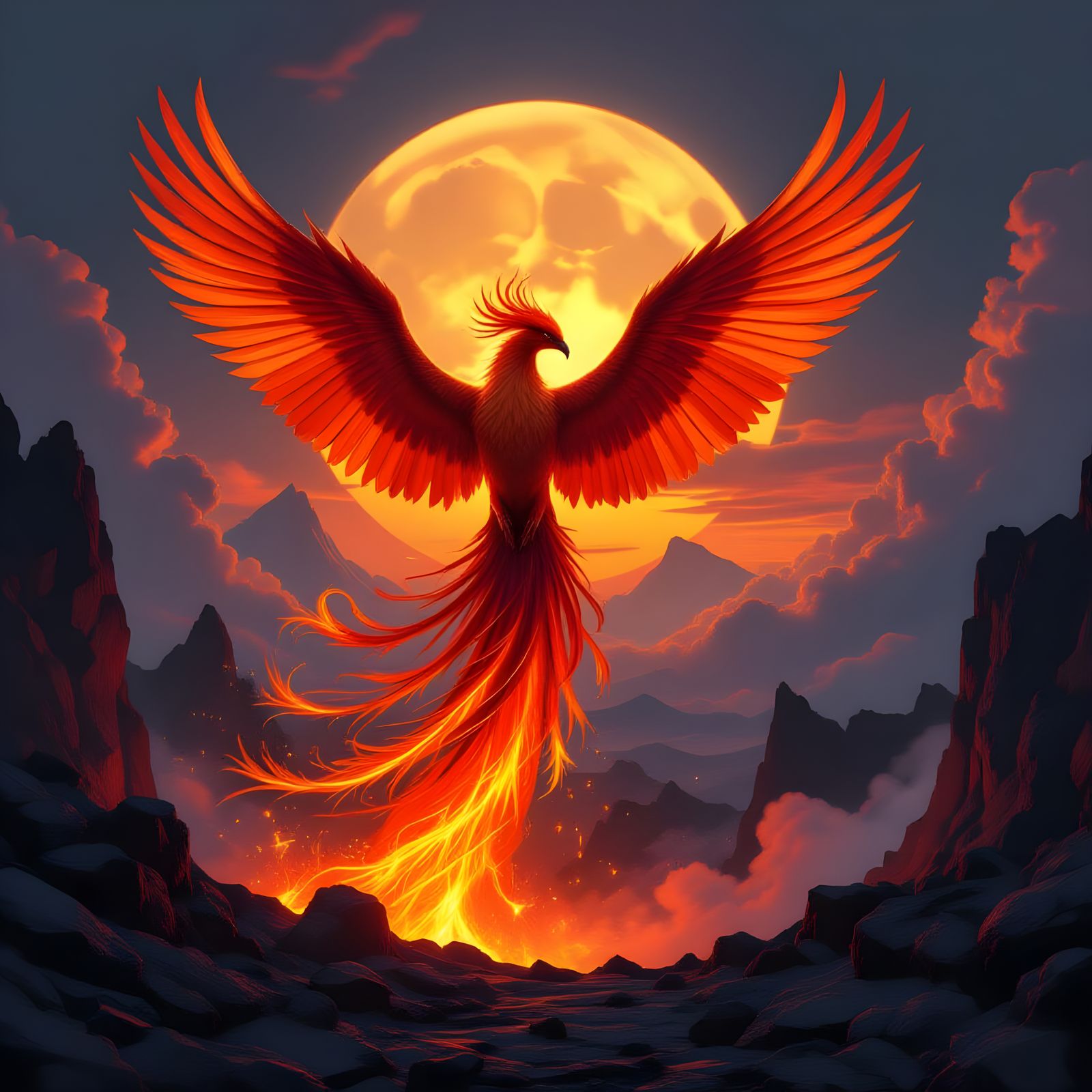 Ethereal Phoenix Rising from Volcanic Caldera