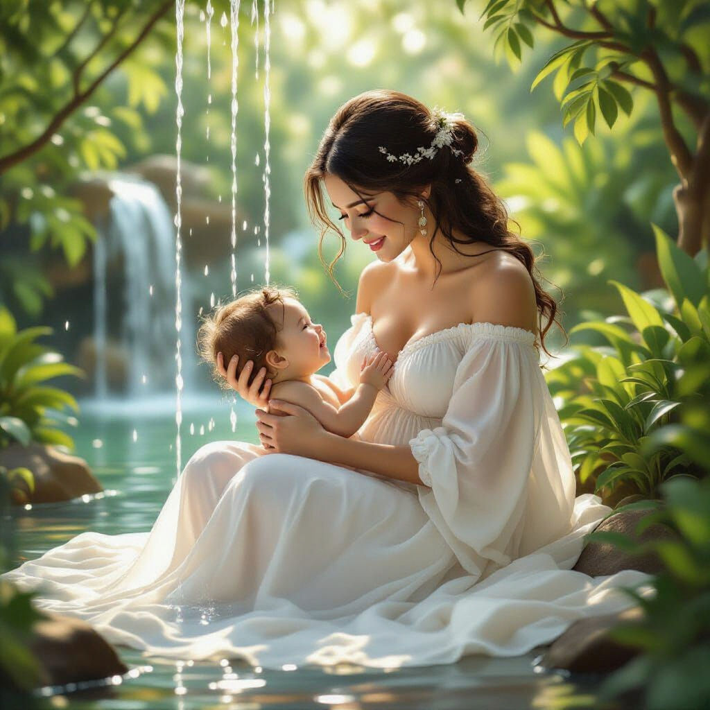Fantasy Mother and Baby in Garden Waterfall