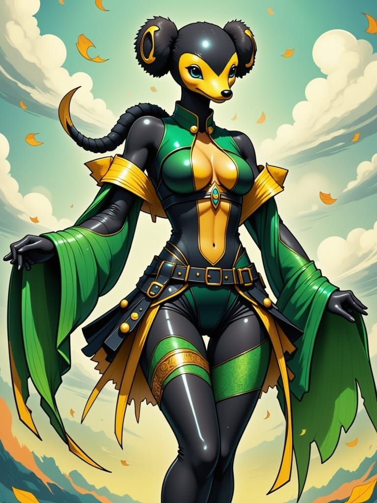 pokemon Kommo-o in sleek black, green and gold colored kimono outfit with gold accents,
