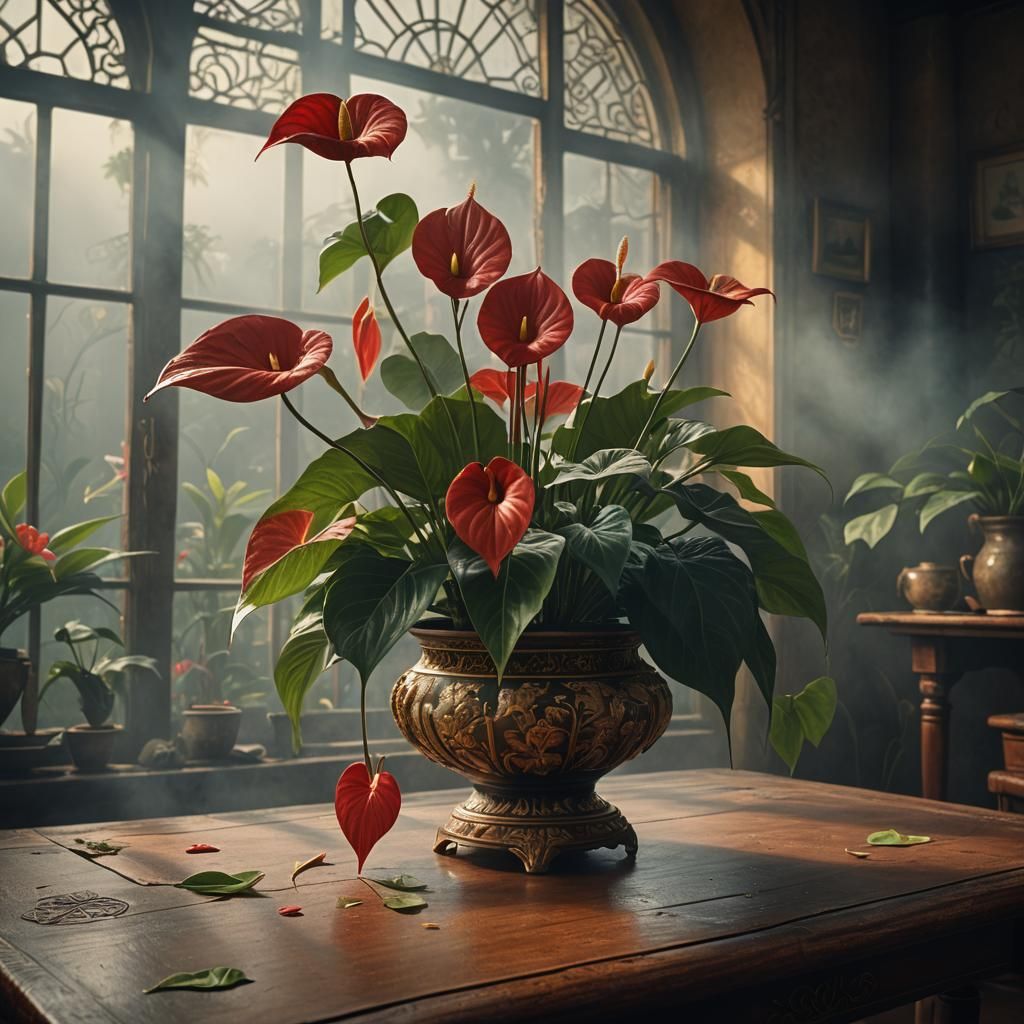 Anthurium in China Pot: Pre-Raphaelite Style