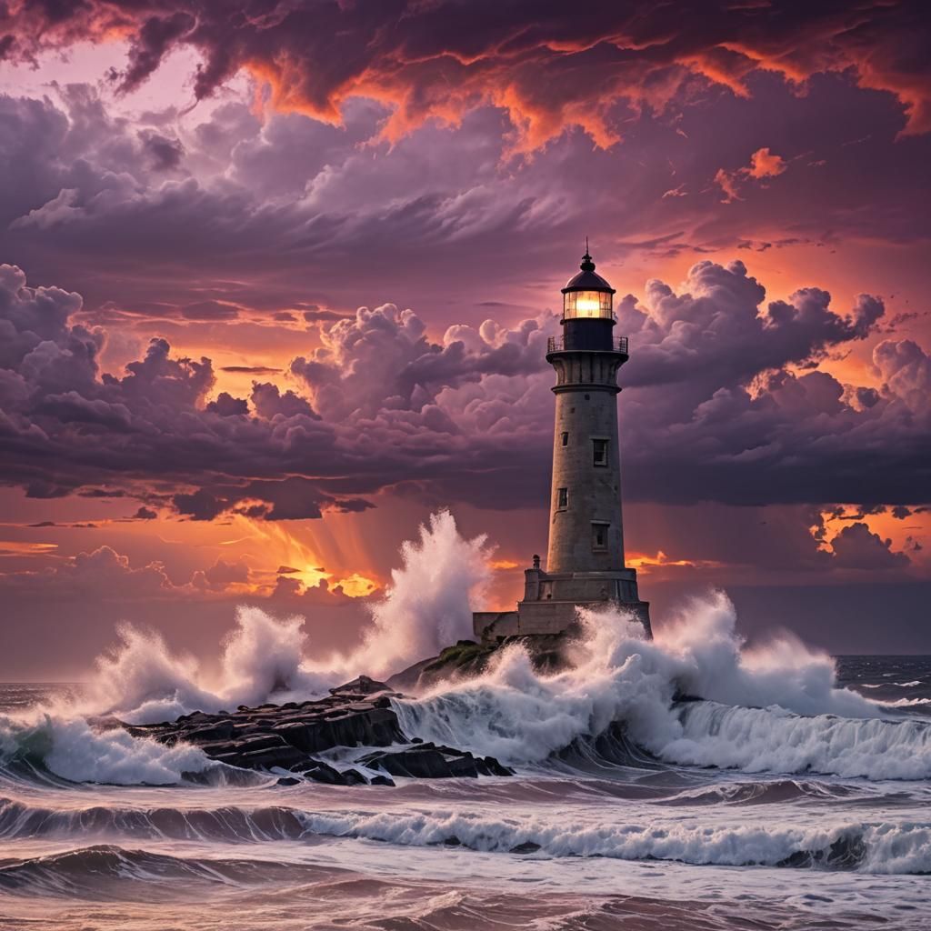 Dramatic Sunset Lighthouse Over Stormy Sea