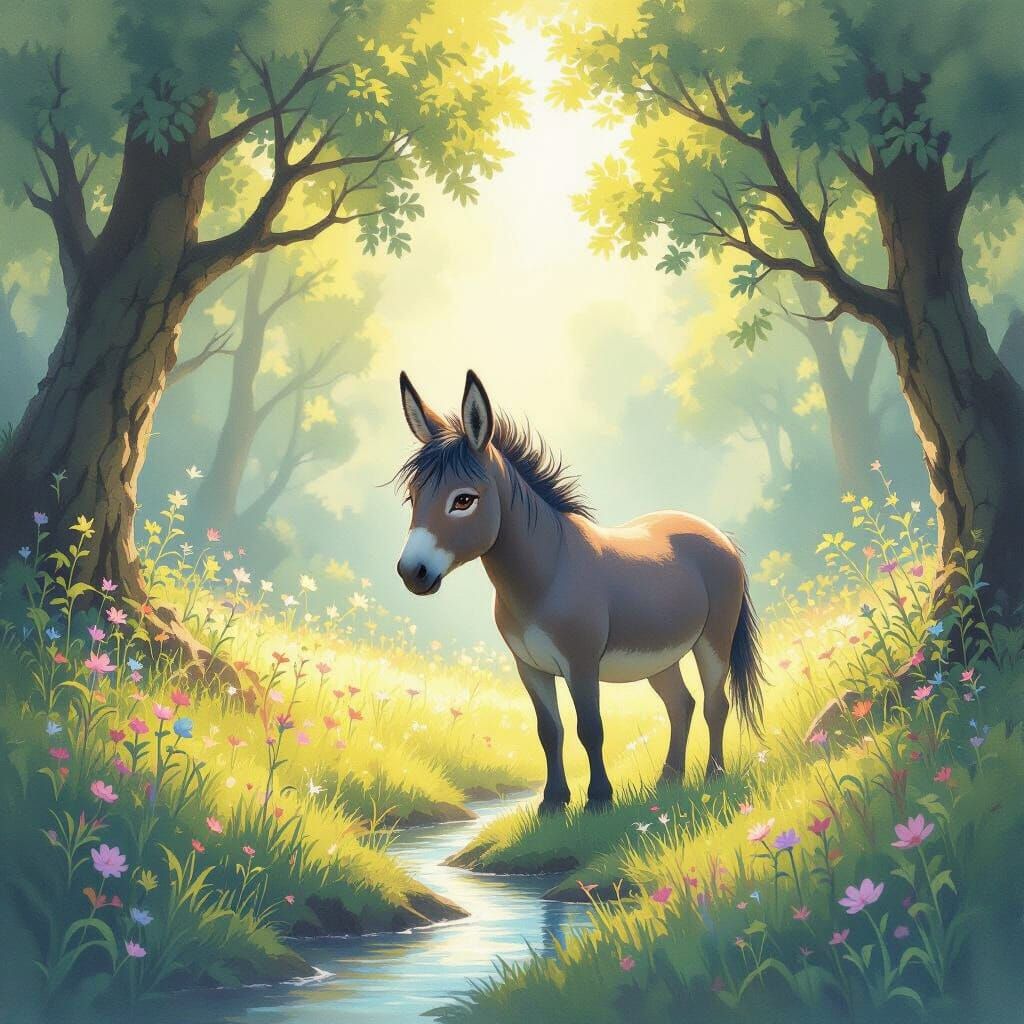 Dreamlike Watercolor Donkey in Sun-Dappled Meadow