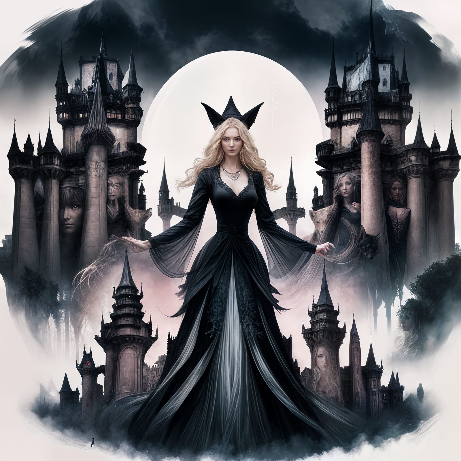 Ethereal Witch in Futuristic Castle with Majestic Wolf