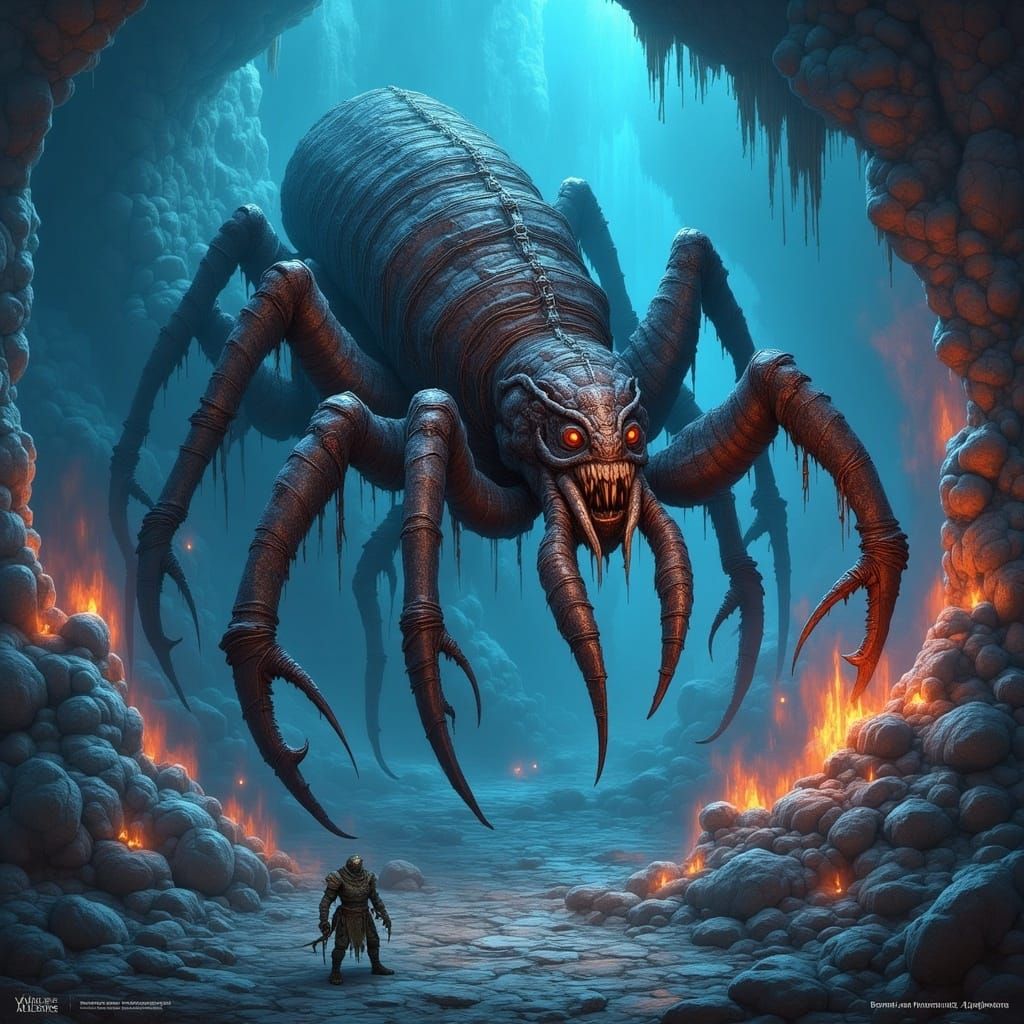 Arachnoid Monster in Bioluminescent Cave, Dark Fantasy Art