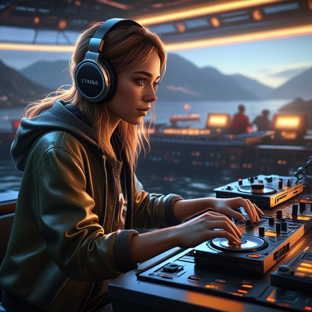 Girl DJ Performs on Fjord at Dawn in Hyper-Realistic Digital...