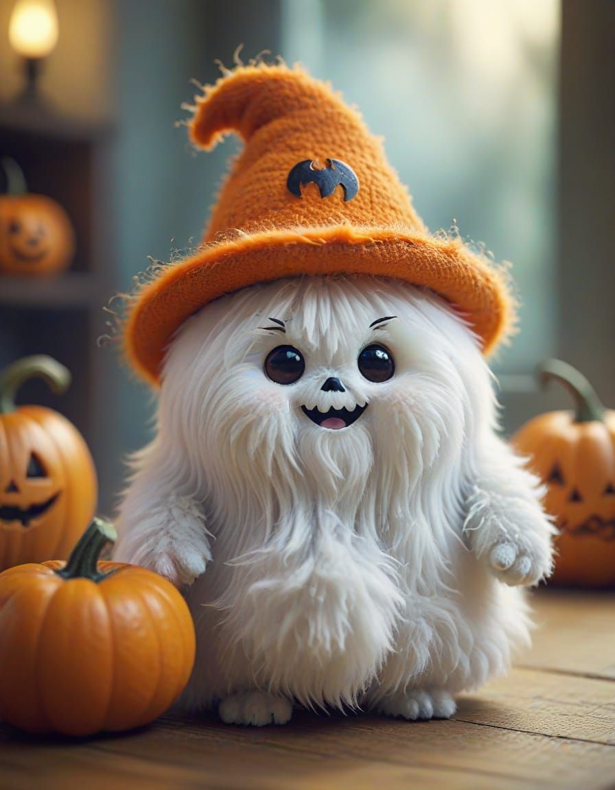 Fluffy Ghost in Pumpkin Hat, Pixar Style