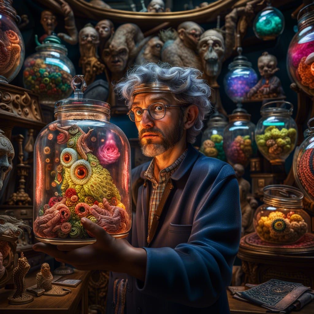 Whacky Museum Scene with Wizard and Strange Exhibits