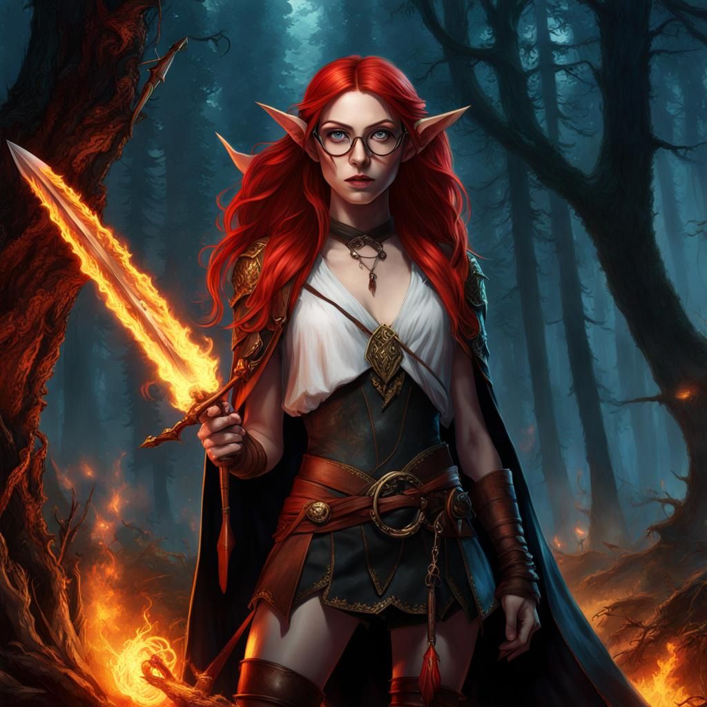 Anime Elf Warrior in Scorched Forest with Daggers