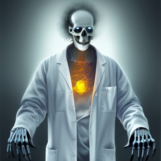Sinister Glowing Skeleton Scientist in Laboratory