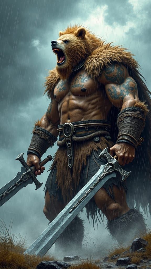 Viking Bear Warrior in Stormy Landscape Painting