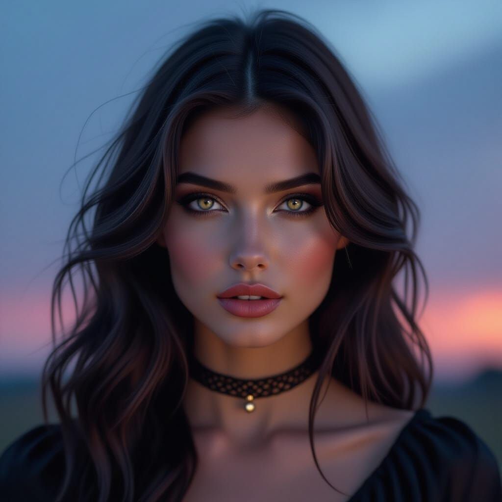 Ethereal Woman with Ruby Eyes in Twilight Sky