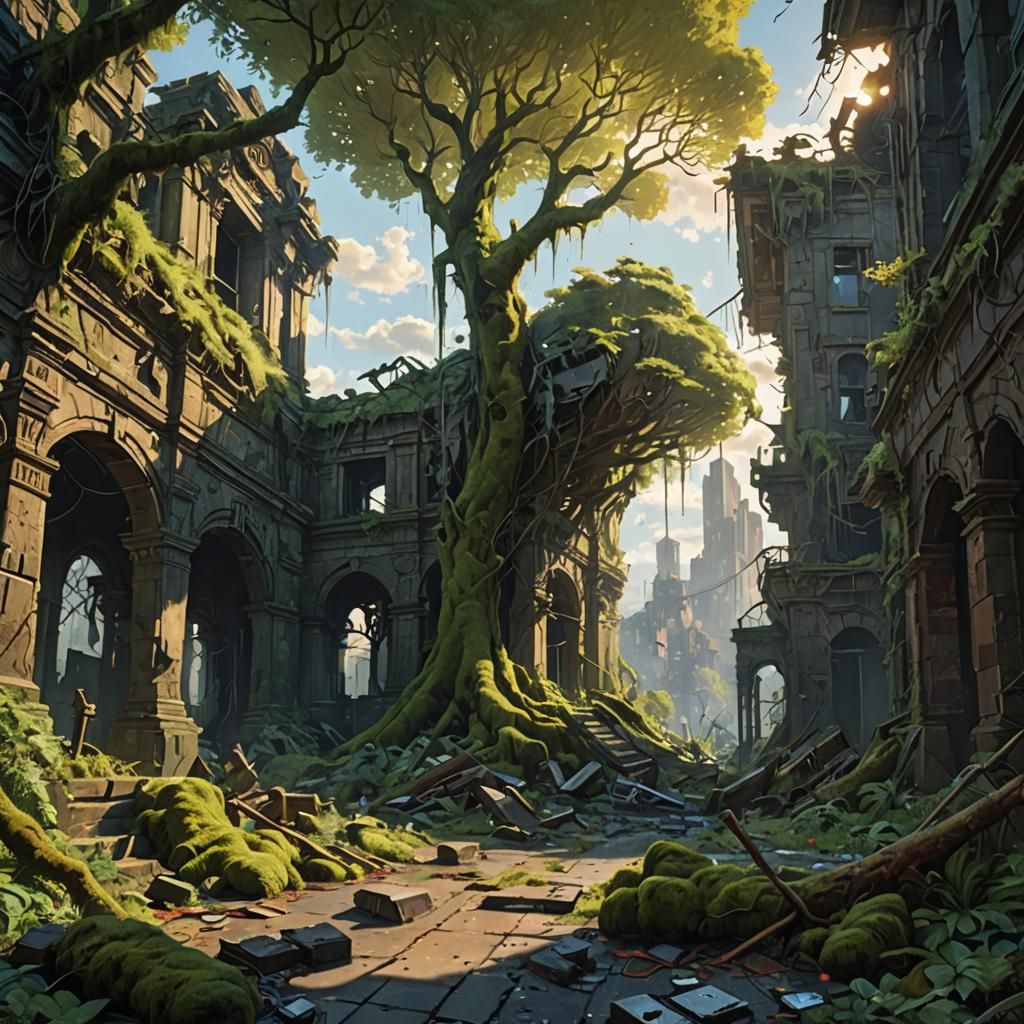 Post-Apocalyptic City Ruins at Sunrise