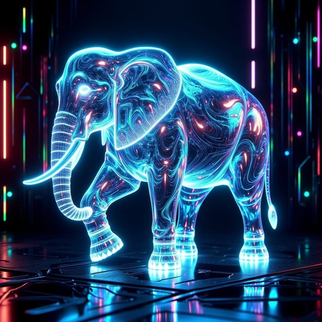 Ethereal Holographic Elephant in Cyberpunk Digital Art
