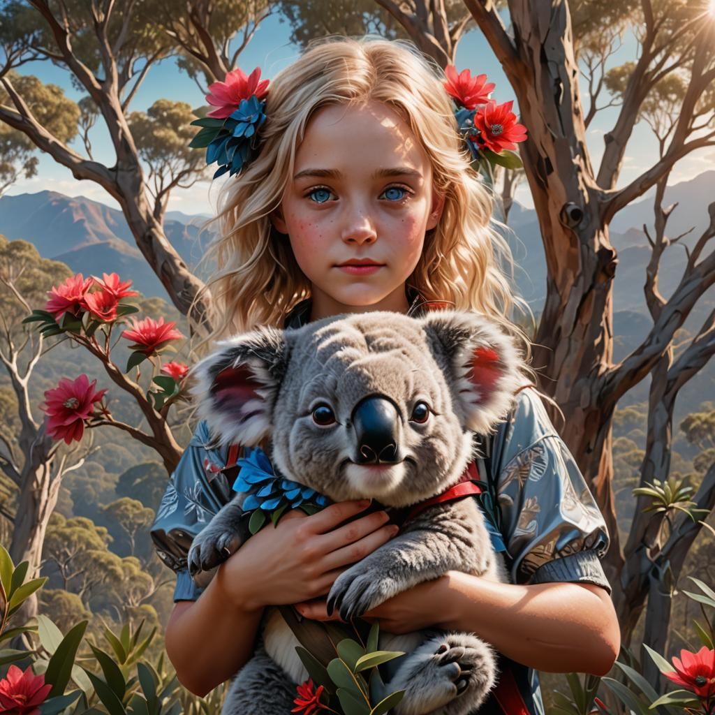 Girl with Koala in Australian Bushland