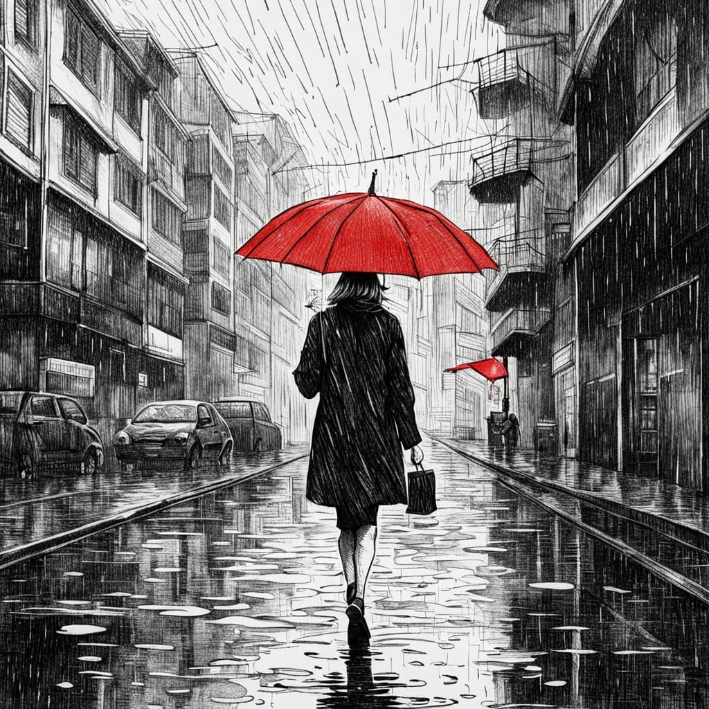 Girl in Rain with Red Umbrella Ink Drawing